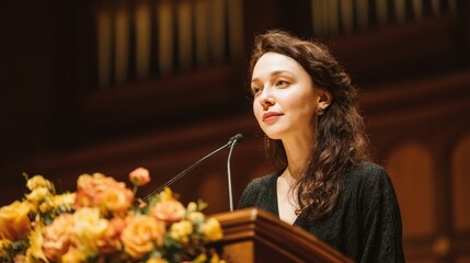 Woman delivering a speech at a formal event, surrounded by vibrant floral arrangements