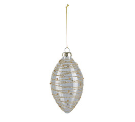 Clear oval glass Christmas ball with golden diamond sparkle cut out isolated transparent background.