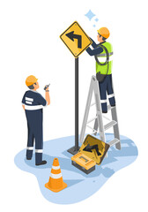 Urban maintenance crew replacing a damaged traffic sign to ensure road safety in the city environment isometric cartoon