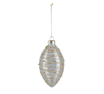 Clear oval glass Christmas ball with golden diamond sparkle cut out isolated transparent background.