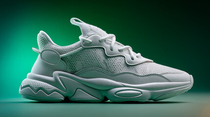 A white athletic sneaker displayed against a green gradient background, capturing a modern sport and street style theme