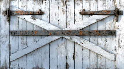 Old white wood door with metal hinges.