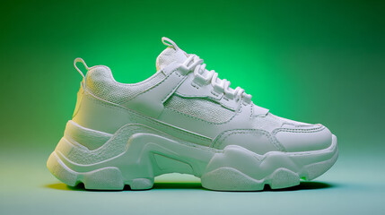 A white athletic sneaker displayed against a green gradient background, capturing a modern sport and street style theme