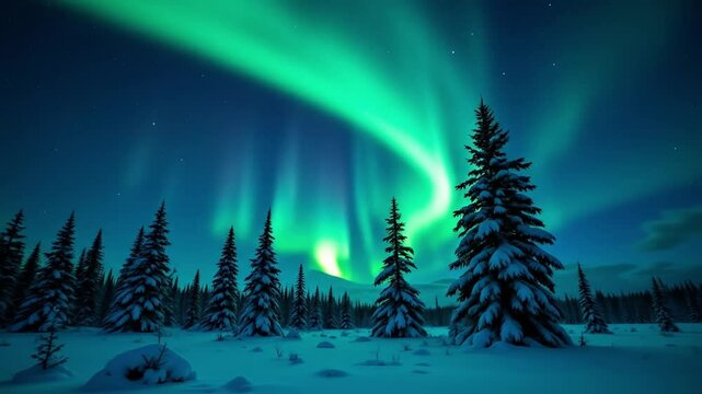 A timelapse of the aurora Borealis over a snowy forest in Finland pine trees glowing under green lights