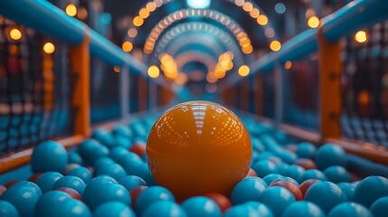 Orange ball in a pool of colorful balls.