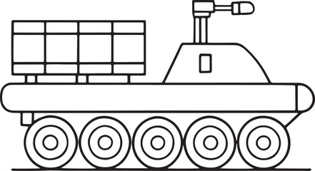 Children’s tank illustration in outlined black and white style for coloring or learning pages