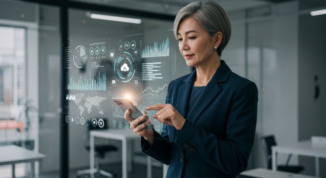 Businesswoman interacts with holographic data on phone