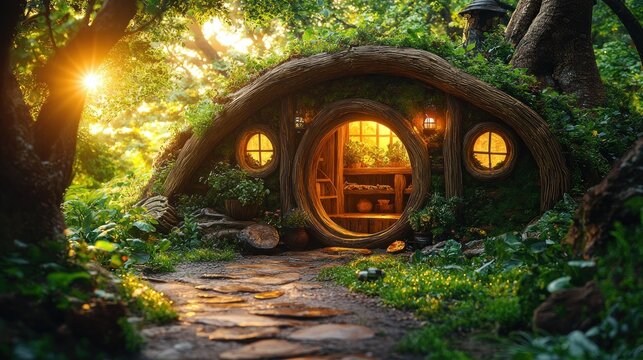 Sunlit, mystical, tree-house dwelling nestled in a lush forest.  A round entrance, bathed in golden light, reveals a cozy interior