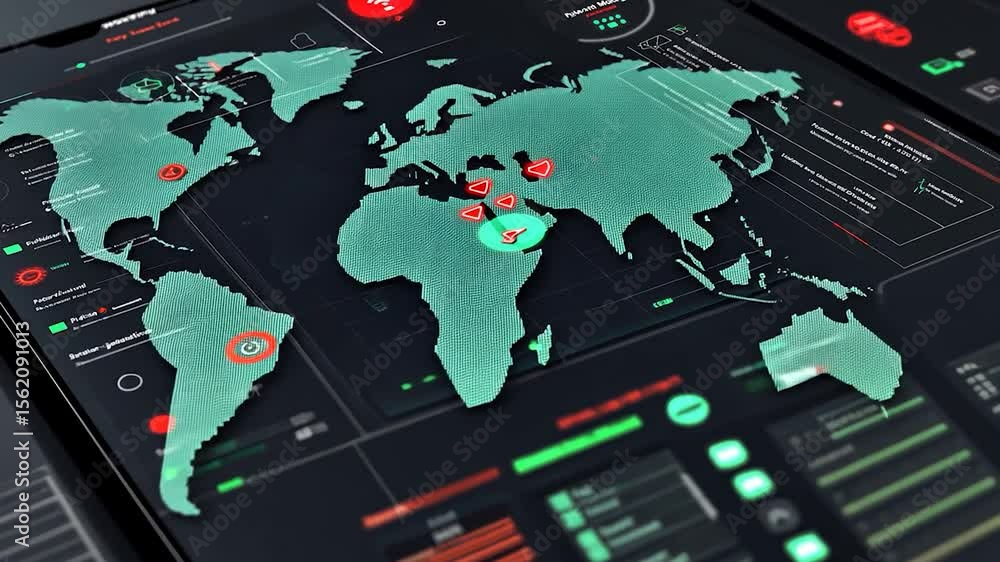 Poster Digital interface display with global map and data visualization.
