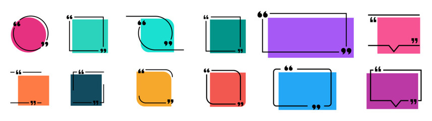 Quote frame icon set featuring circle, square, rounded, and speech bubble designs. Perfect for messages, testimonials, comments, and social media text highlights in modern layouts.