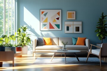 Bright living room with modern art and plants creating a cozy and inviting atmosphere on a sunny day. Natural light.