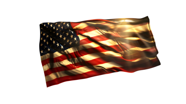 Dramatic Backlit USA Flag in Motion with Heroic Shadows Isolated to Transparent Background