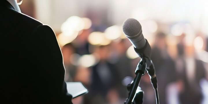 Close-up of a microphone on a stand with a blurred speaker in a suit and audience in the background. Perfect image for themes of public speaking, business presentation, or conference event. - Powered by Adobe