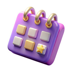 3d cute purple calendar icon with star isolated on transparent background
