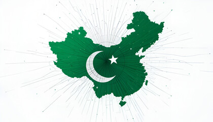 Stylized map of Pakistan in green with crescent and star symbol, national identity and independence concept, artistic paint splash effect, clean white background, modern illustrative design.