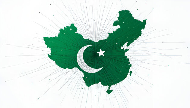 Stylized map of Pakistan in green with crescent and star symbol, national identity and independence concept, artistic paint splash effect, clean white background, modern illustrative design.