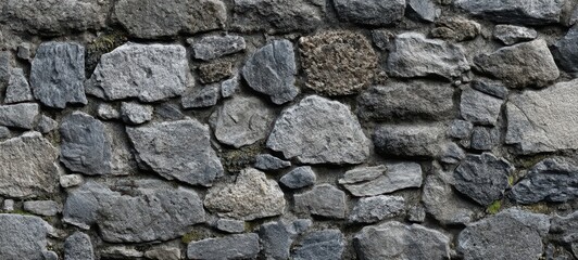 Obraz premium The textured stone wall featuring a variety of gray stones and rustic charm.