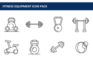 Fitness equipment icons in a gym setting. Simple, black and white line drawings of kettlebells, barbells, dumbbells, exercise bike and medicine ball.