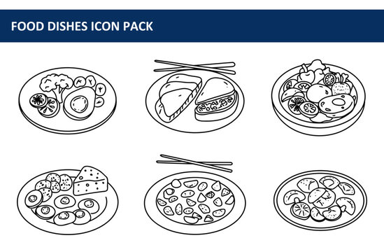 Food dishes icon pack depicting various meals on plates with a simple line art style. Healthy, diverse selection of dishes for a restaurant or recipe guide.