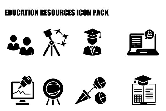 Education resources icons for a diverse student demographic in a variety of educational settings. Icons depicting people, tools, and technology used in various educational fields.