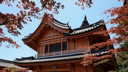 Obraz premium japanese temple architecture adorned with vibrant autumn foliage