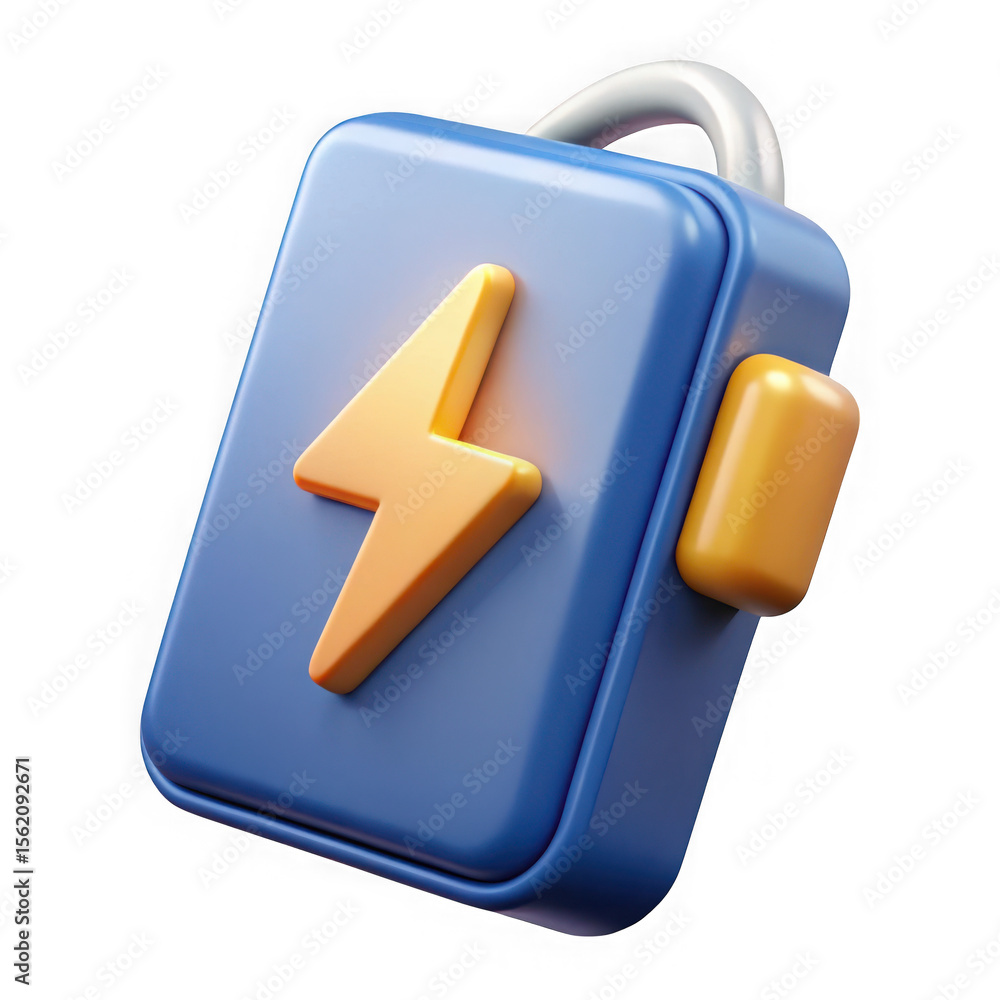 Poster stylized 3d render of a blue power bank with a yellow lightning bolt symbol and a white handle isola