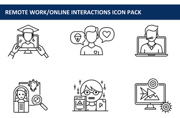 Remote work/online interactions icons of diverse professionals in various digital settings. Individuals in various online communication/collaboration scenarios.
