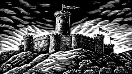 medieval hilltop castle with billowing banners and stone towers, perfect for fantasy game logos, history magazines, poster art or sleeve tattoos, a black and white line art illustration