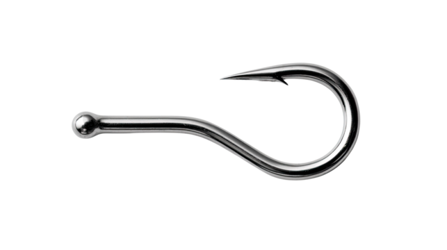 Fishing Hook: A close-up of a sturdy fishing hook, its curved design and sharp point hinting at the anticipation and challenge of angling, a symbol of patience, and the thrill of the catch.