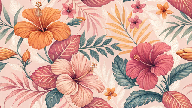 Digital seamless floral pattern illustration. Pink and orange hibiscus flowers. Pink background for printing on fabric, textile, wallpaper.