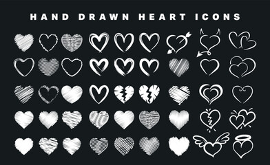 Chalk Style Hand Drawn Heart Icons on Black Background