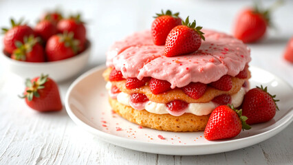 A beautifully decorated strawberry shortcake on a white plate