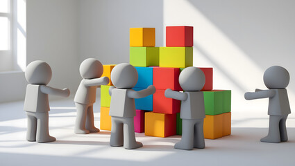 A collaborative team builds a colorful structure, showcasing unity and the power of collective effort.
