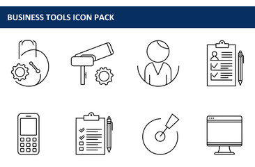 Business tools icon pack showing various elements in a modern, minimalist design. Collection of business tools icons.