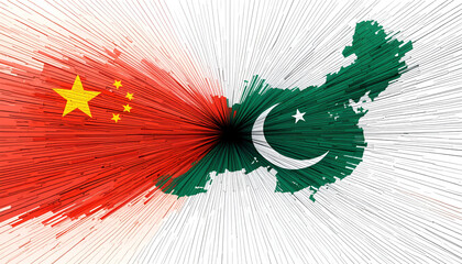 Abstract illustration of China and Pakistan flags forming a connected map shape, symbolizing diplomatic relations, economic partnership, international cooperation, geopolitical alliance, and cross-bor