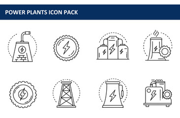 Power plants icon collection with various facility types, set against a plain background. Simple line illustrations of different power plant structures in various styles.