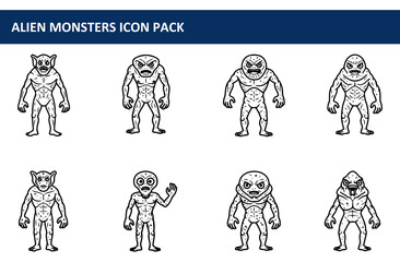 Collection of alien monster character icons in a flat, line art style. Standing monsters with various expressions and features.
