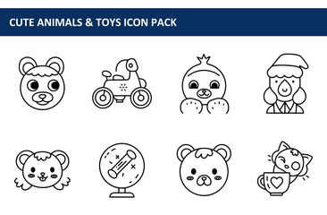 Cute animal and toy icons in a child-friendly design with various animals and toys in a simple, outlined style.