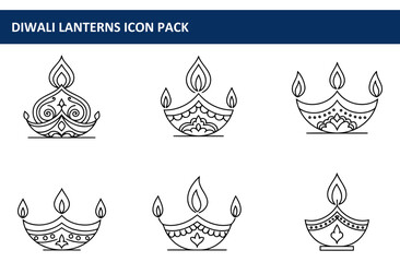 Diwali lantern icons in various designs with detailed ornamental patterns. Simple line art images for use in website or graphic design projects.