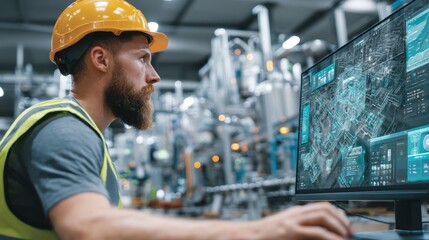 Worker in safety gear analyzing data on a computer screen in a modern industrial facility