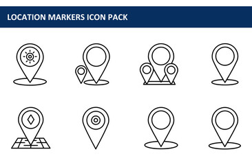 Location markers icon pack with various location details. Simple, graphic representations of map pins with different placements and details.
