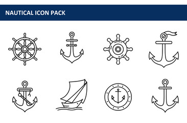 Nautical icon pack of steering wheel, anchor, sailboat, and anchor with a circular design. Simple nautical graphics for design purposes.