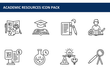 Academic resources icon pack depicting various elements of education and research.