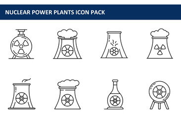 Nuclear power plant icons in various states. Simple line drawings of different nuclear power plant structures with details like steam, safety symbols, and damage depicted on a white background.