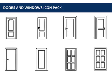 Line drawings of various doors and windows in a flat, graphic design style. Collection of door and window icons for use in architectural or design projects.