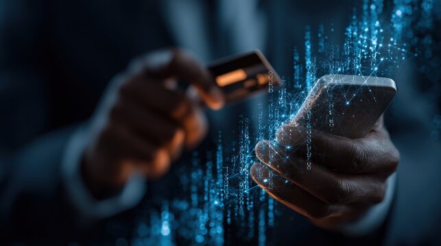Mobile Payment Transaction with Digital Code Background, Credit Card and Smartphone Interface