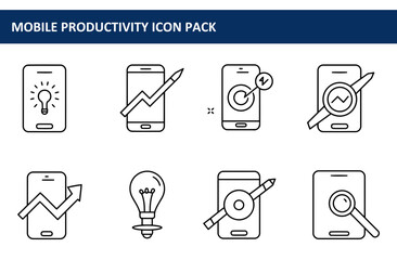 Mobile productivity icons displaying various actions for different aspects of work. Outline illustrations of smartphones with productivity-related symbols.
