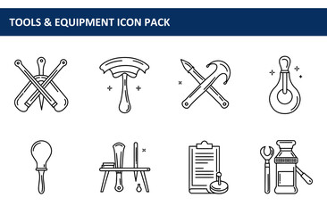 Line art illustration of various tools and equipment, displayed against a plain white background.