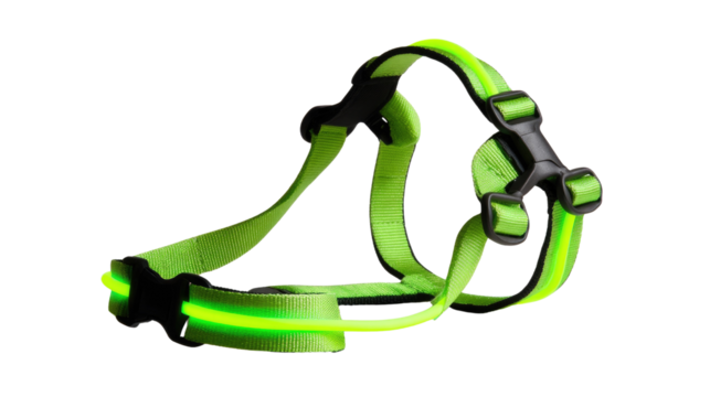 Illuminated Harness: A vibrant green harness, equipped with integrated lighting, lies isolated. showcasing its design and functionality for enhanced safety.