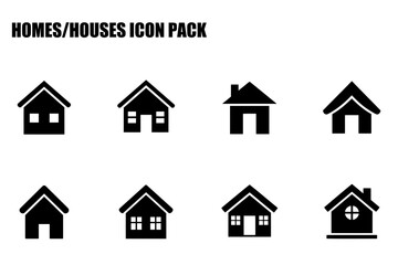 Fototapeta premium House icons in various styles displayed on a white background. Simple silhouettes of homes with different architectural features show a selection of house styles.